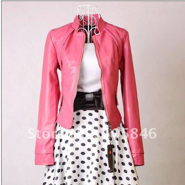 Free Shiping! 2012 Fashion Pink & Black  Mandarin Collar Biker Faux Leather Bomber Jacket  For Womens B06640#