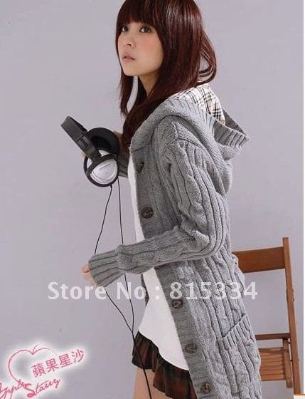 Free shiping 2012 hot selling sweater women, Fashion knitwear , plaid twisted long sweater ,with cap ladies cardigan