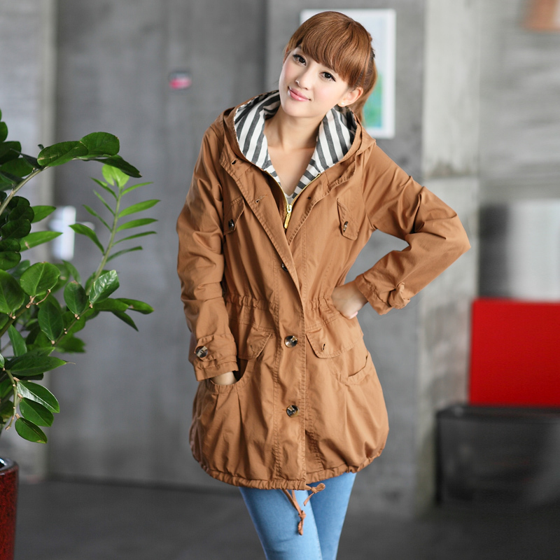 Free shiping 2012 spring and autumn women's fashion casual plus size with a hood lining stripe trench coats outerwear wholesale