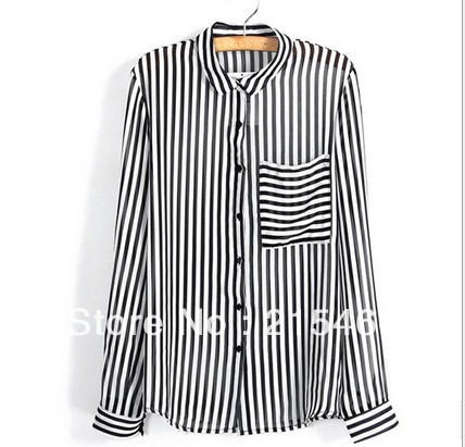 Free Shiping 2013 New Spring Autumn Women's Chiffon Turn-down Collar Long Sleeve Fashion Striped Blouse High Quality S/M/L