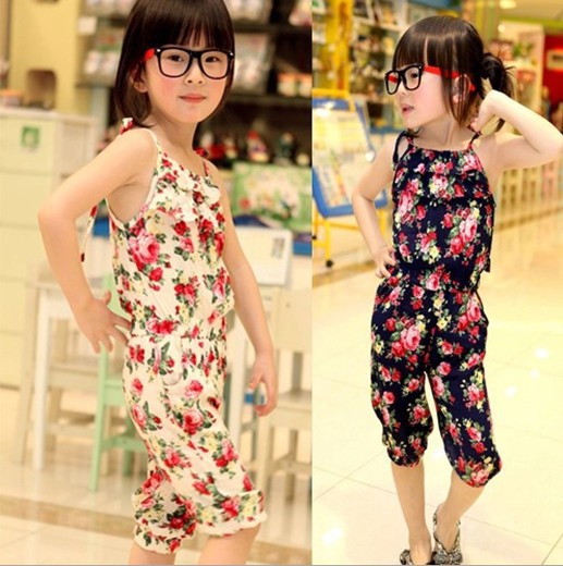 Free Shiping 2013 Summer Baby Girl's Flower Overalls Children Loose Pants Kids' Floral Suspender 5pcs/lot