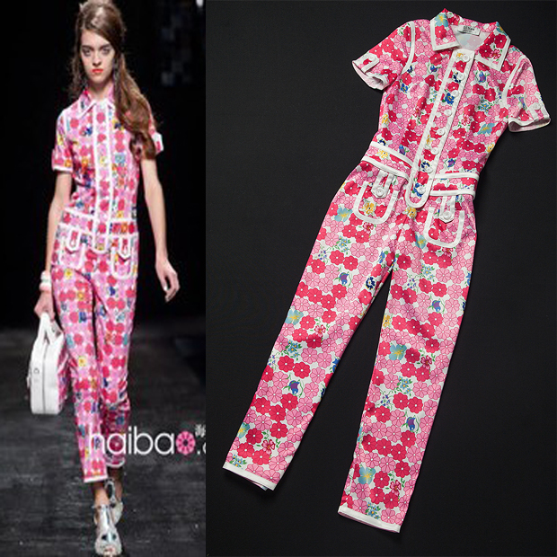 free shiping! 2013 summer women's fashion sweet print turn-down collar short-sleeve jumpsuit,printing flower jumpsuits