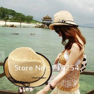 FREE SHIPING   black edge little hat with a bowknot    beautiful sun shade straw hat