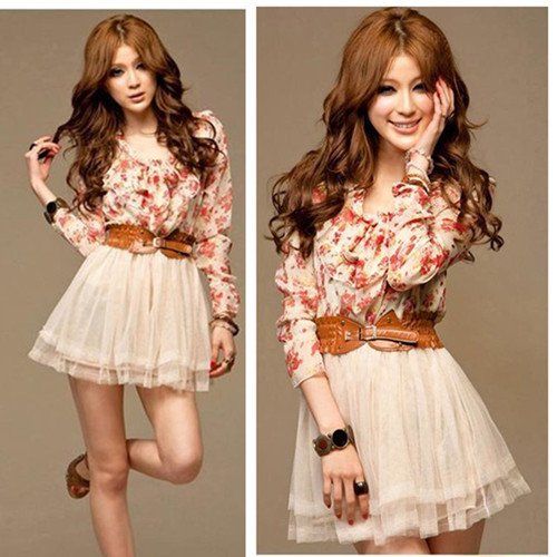 Free shiping,Chic Sleeve Dress +Belt ,Women Chiffon Floral Bowknot Tunic Tulle Skirt Mini Dress Belt Summer Party