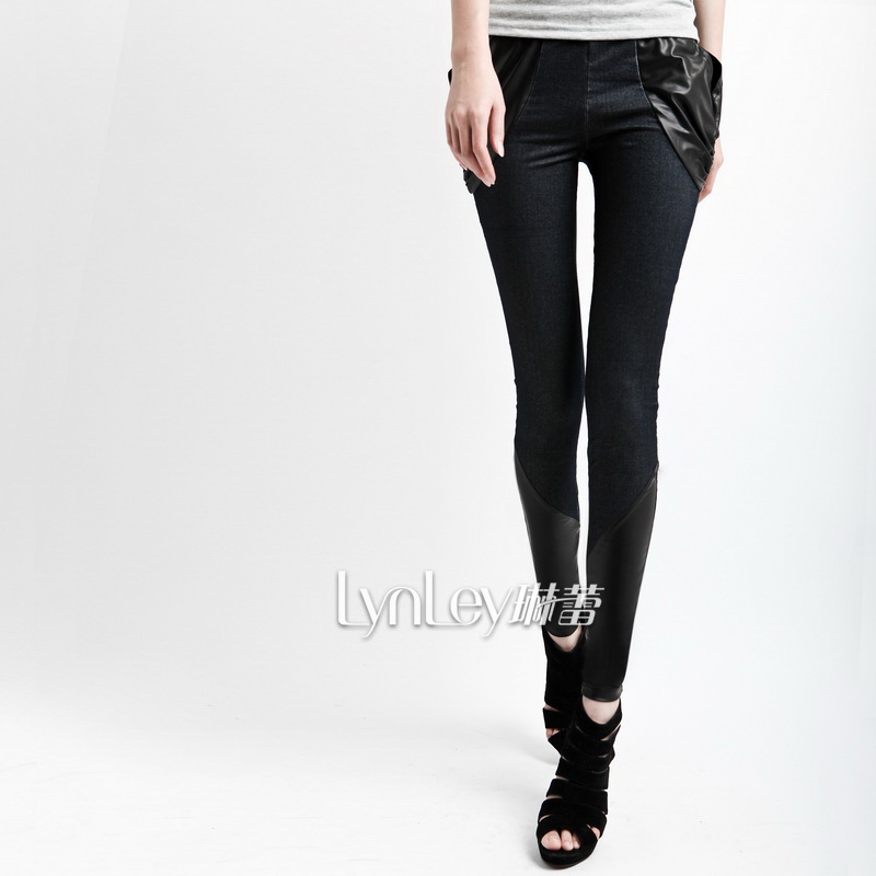 Free shiping High quality 2013 mm pants summer legging faux denim patchwork faux leather pocket