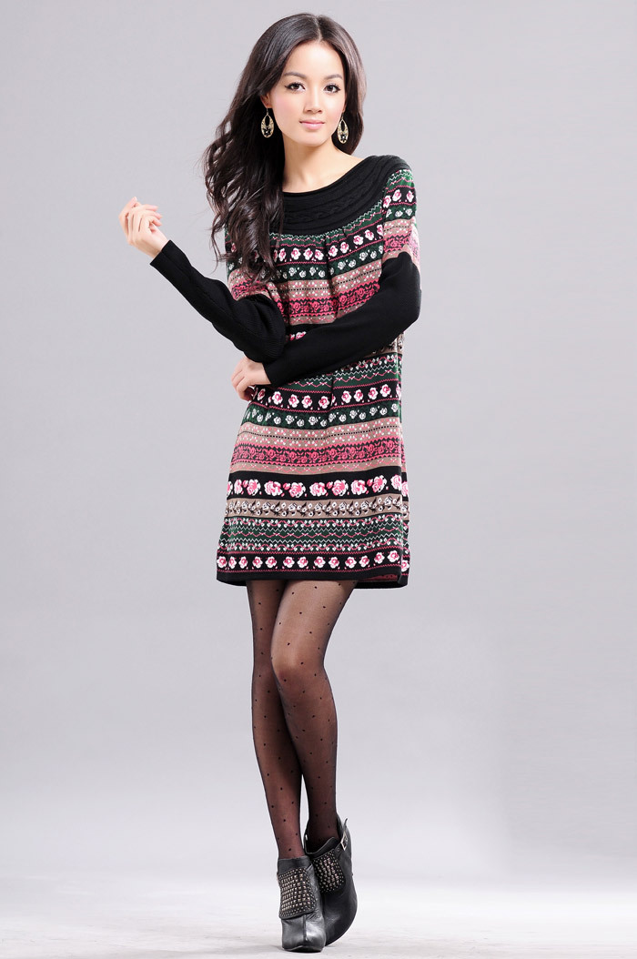 Free  shiping hot 2012 autumn hot-selling long-sleeve o-neck knitted one-piece dress knitted sweater dress