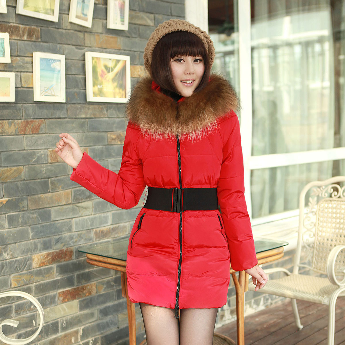 Free  shiping hot 2012 women's luxury large fur collar down coat slim medium-long down coat slim