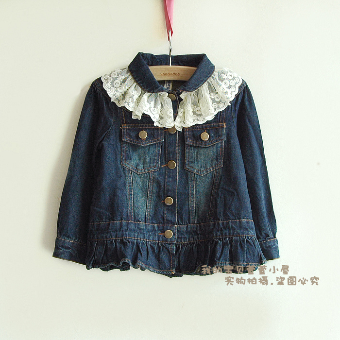Free shiping new fashion Female child denim outerwear cardigan spring female child denim top lace collar disassembly