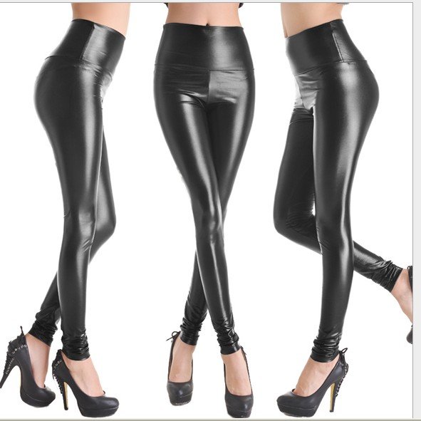 free shipingShiny Metallic High Waist Black Stretchy Leather Leggings in plus size M