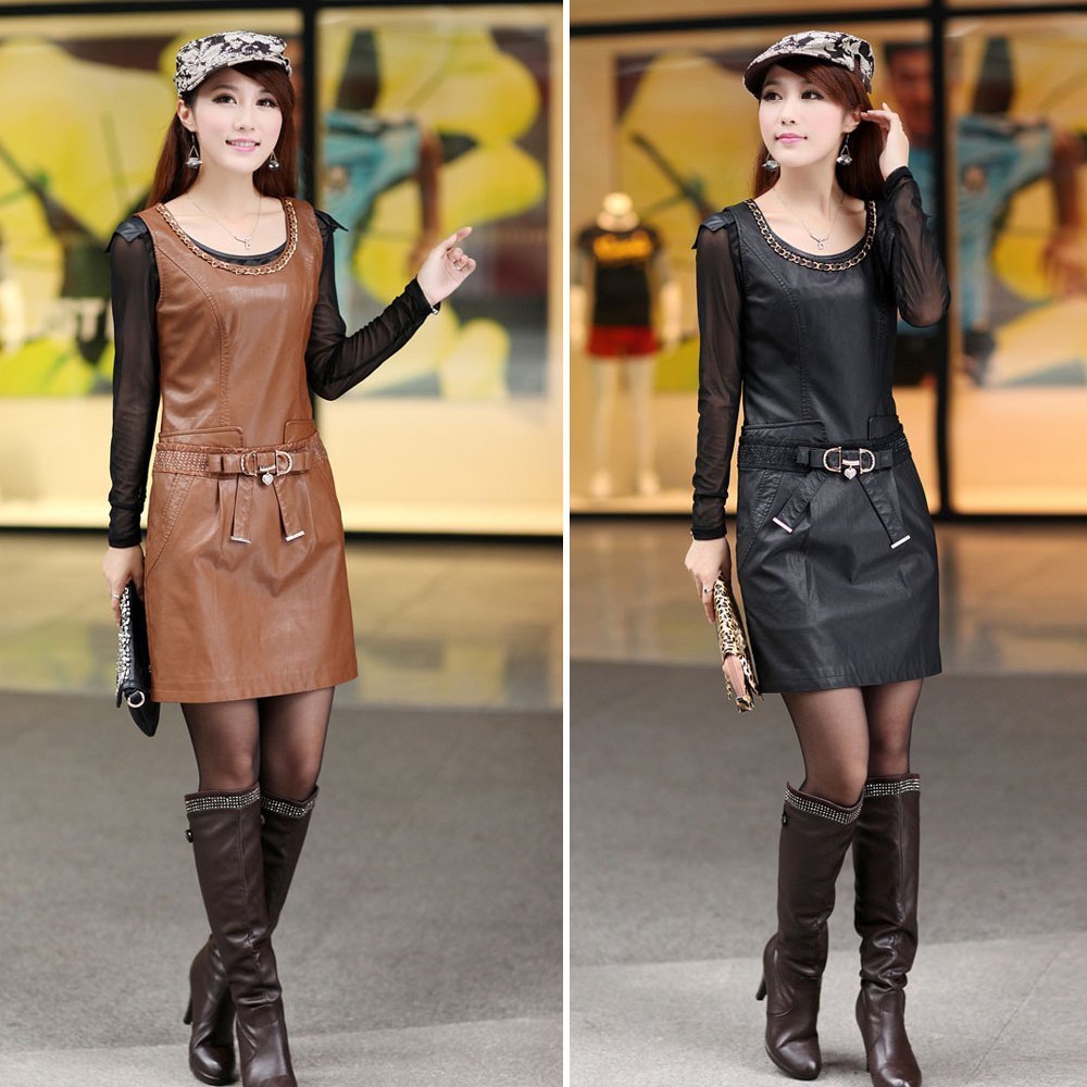 Free shipment Autumn one-piece dress 2012 leather skirt PU one-piece dress slim tank dress fashion ladies short skirt