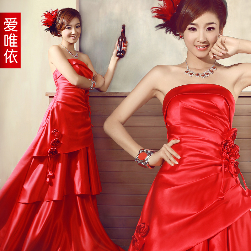 Free shippg. Love 2013 red bride tube top evening dress long formal dress