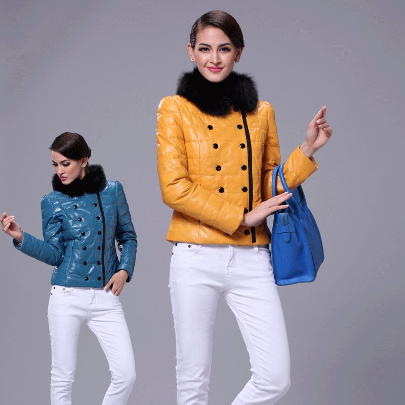 Free shippig Lady's short design slim fashion genuine leather down leather clothing fox fur zipper long-sleeve