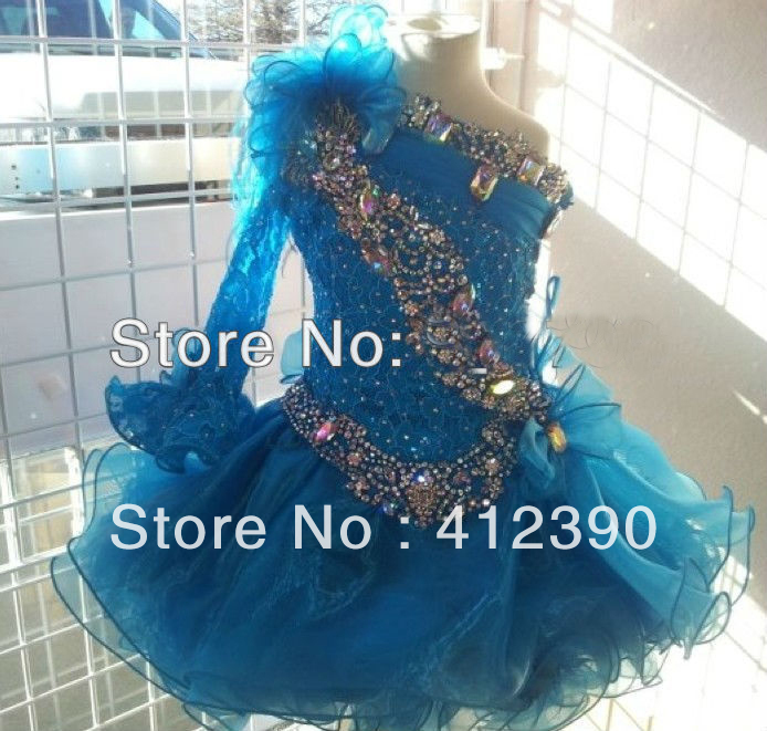 Free shippiing New style BLUE LACE organza above knee/mini full beading cupcake flower girl dress /pageant gril dress ECFL-46