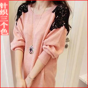 Free Shippin 2012 autumn women's loose long-sleeve o-neck lace patchwork sweet pullover sweater three-color