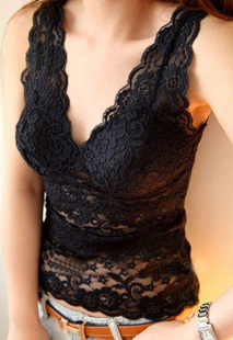 Free shippin Sexy V-neck pad vest full lace vest cutout spaghetti strap basic b602 lace shirt all match lace knitted  vests