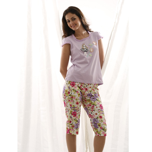 Free Shippin! Women's 100% COTTON o-neck short-sleeve capris embroidered sleepwear lounge 3DD cartoon top and crapic