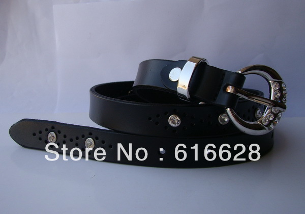 Free shipping  0.7'' women's 100% real leather cute belts with nice  faux diamond siver buckle - wholesale/retail