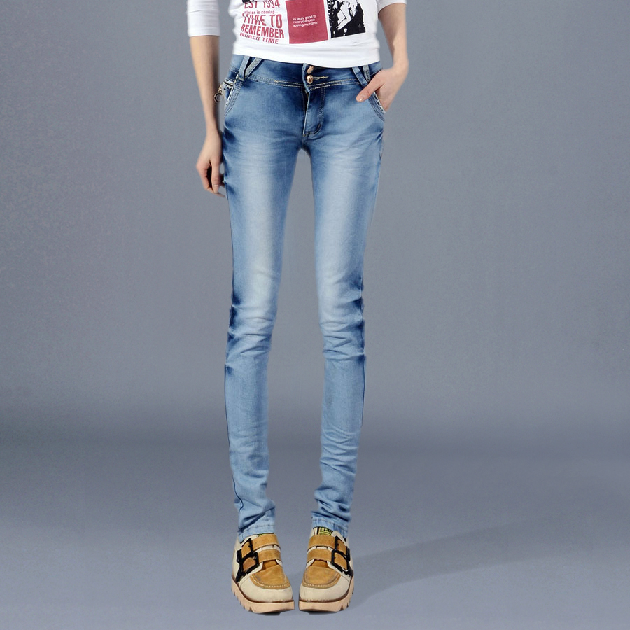 Free shipping 05 - 1830 spring water wash wearing white pleated skinny jeans leopard print pocket bordered trousers pants