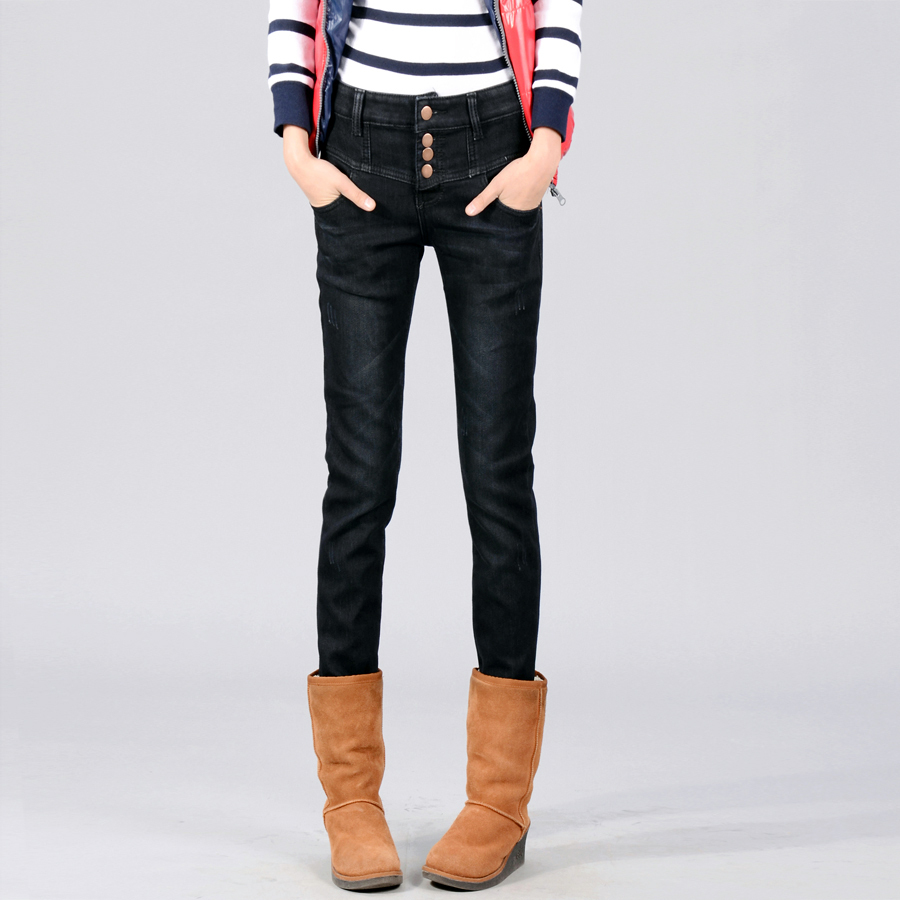 Free shipping 05 - 3228 winter plus velvet thickening jeans pencil pants buttons boot cut jeans all-match female