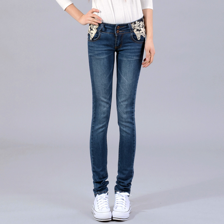 Free shipping 05 - 5767 slim breasted skinny pants female all-match pencil pants lace patchwork jeans
