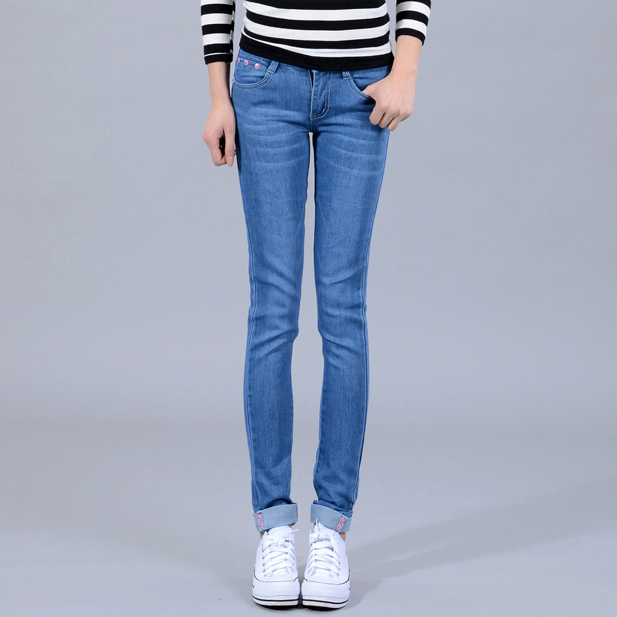 Free shipping 05 - 8022 light color wearing white jeans pencil pants female pink button all-match trousers