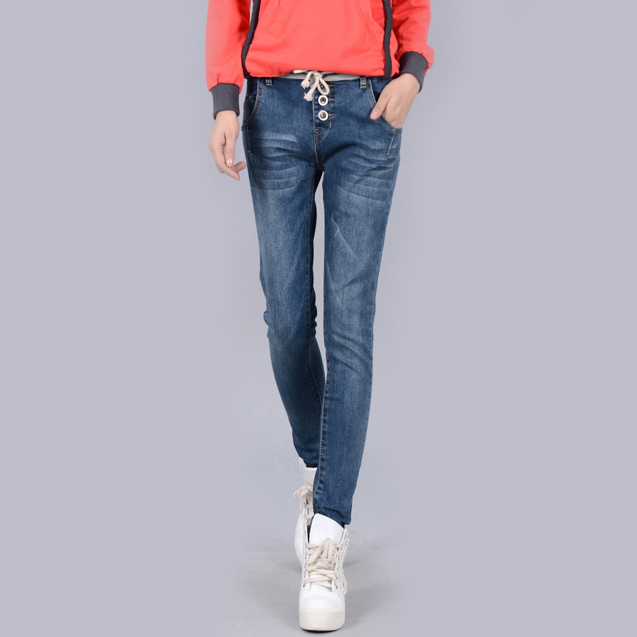 Free shipping 05 - 803 elastic waist jeans female drawstring skinny pants all-match pencil pants trousers breasted pants