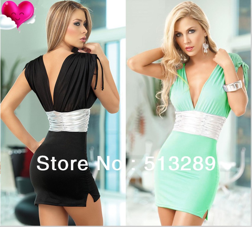 Free Shipping 052 New 2 Colors Sexy Strap Dress Woman's Slivery Waist V-neck Evening Quality Mini Clubwear Black Light Green