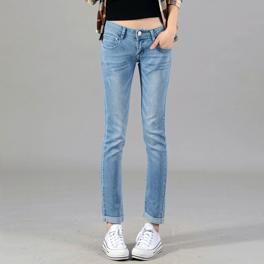Free shipping 09 - 8818 spring and summer ankle length trousers all-match roll-up hem jeans pencil pants light color pants