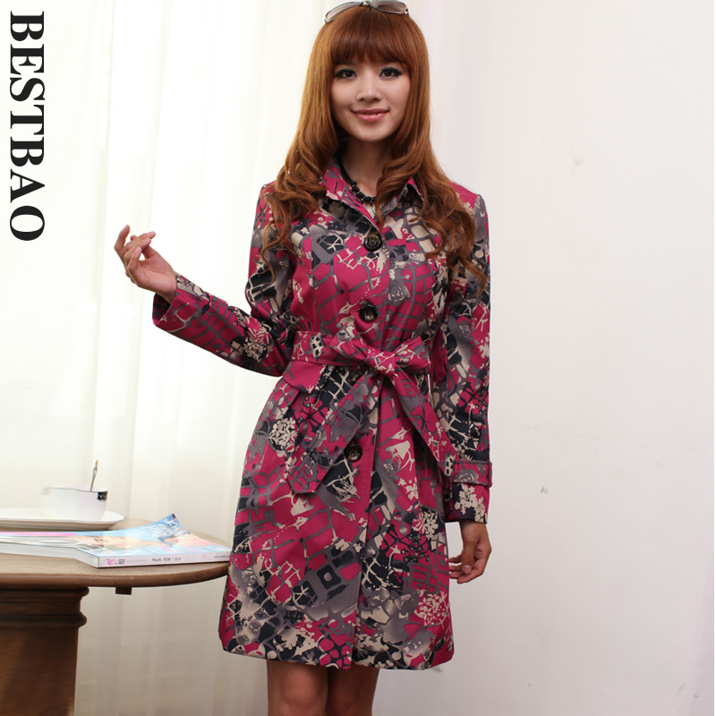 free shipping 0903 print slim trench fashion elegant lacing bestbao female