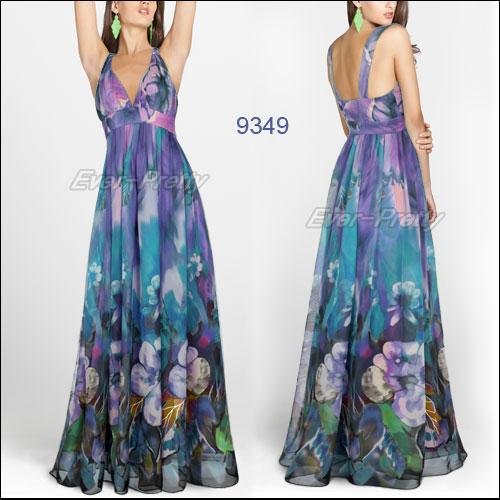 Free Shipping 09349 Sexy V-neck Colorful Floral Printed Chiffon Evening Dress