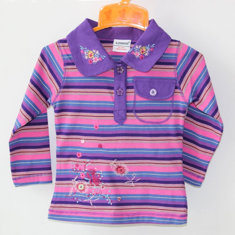 Free Shipping!1-6year old polo children's clothing long-sleeved shirts baby long sleeve stripe shirt flower embroiderd 6pcs/lot