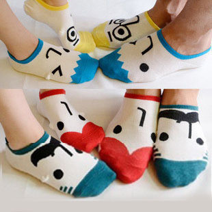 Free Shipping 1 lot=12pcs=6pairs Unisex cotton socks lovers design male Women cartoon sock slippers