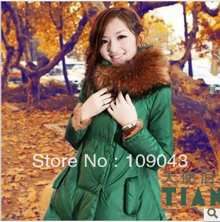 FREE SHIPPING ,1 PCS ,3 COLOR Luxury large fur collar slim thickening medium-long down coat cotton-padded jacket female women's