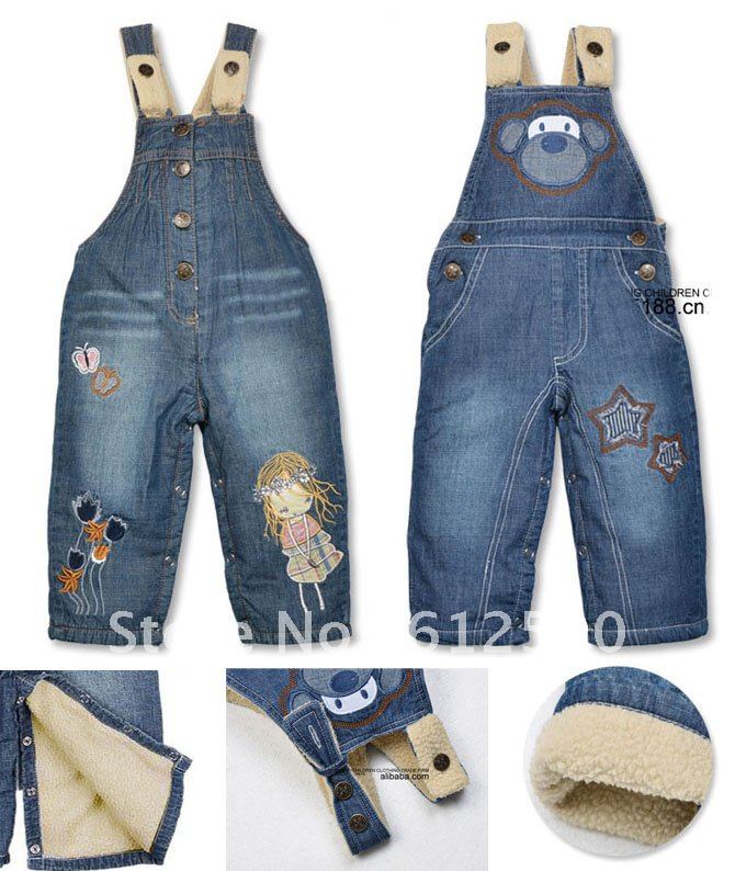 Free shipping 1 pcs brand thicken cotton warm clothing winter kids pants children jeans baby overalls romper baby jeans