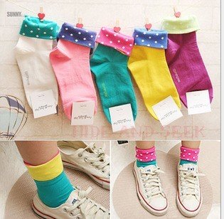 Free shipping! 10 pair Fashion  Candy color In the flanging fake two Parts wave point Cotton socks lady socks