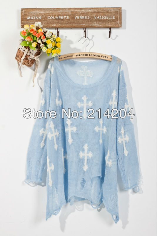 Free shipping!10%wool+90%mohair cross pattern hole cutout distressed jumper women autumn fashion wildfox style sweater pullover