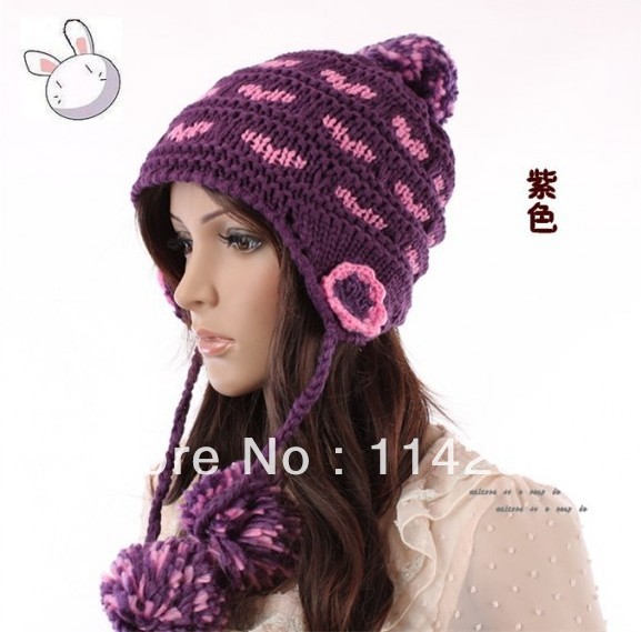 Free Shipping 100% Acrylic Winter hat / Heart  knitted winter hat / 4 colors