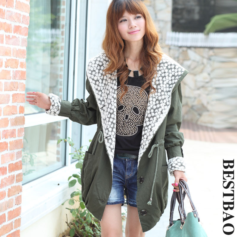 free shipping 100% cotton fashion hooded trench lace large lapel drawstring bestbao female 8780