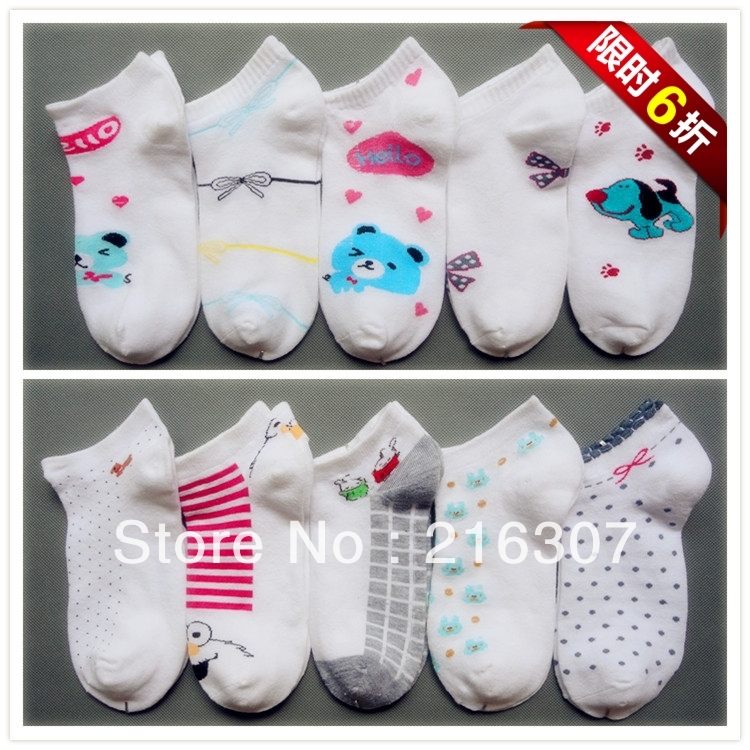 Free Shipping 100% cotton white Women sock slippers cartoon socks