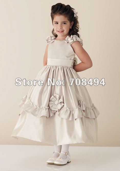Free shipping 100% custom-made beautiful bowed cap sleeve satin material flower girl Dress-perfect gowns