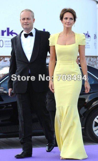 Free shipping 100% custom-made short sleeve sheath satin material floor long yellow style elegant evening Dress-perfect gowns