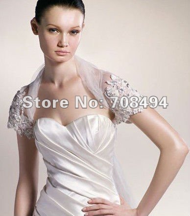 Free shipping 100% gurantee new stylish short sleeve lace appliques bridal wedding jacket-perfect gowns