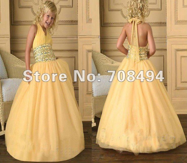 Free shipping 100% gurantee yellow ball gown lovely halter cute Communion Dress for the flower girl children-perfect gowns