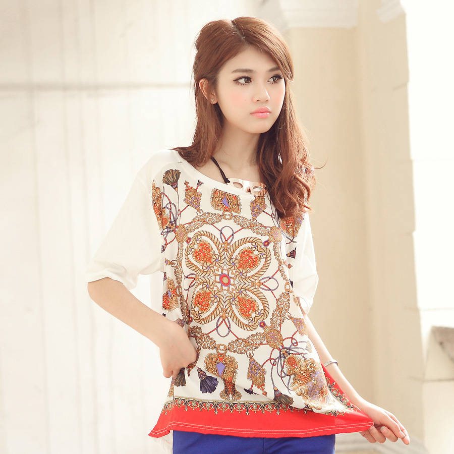 Free shipping 100% loose short-sleeve cotton t-shirt chiffon print 100% cotton t-shirt breathable summer