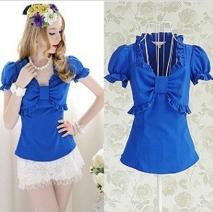 free shipping!! 100%quality! blue,white,puff sleeve,women's blouses, Agaric edge shirts,women's T-shirt/ Tops & Tees/ shirt