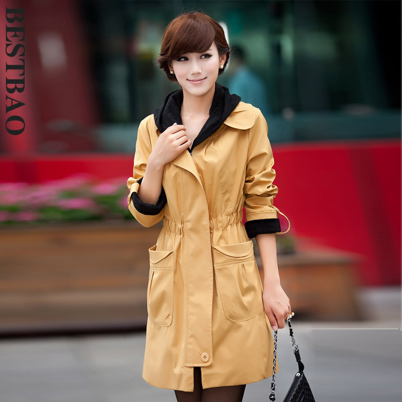 free shipping 1064 color block decoration casual with a hood trench elastic pumping brief fashion bestbao female