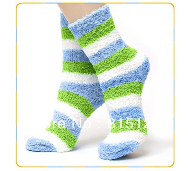 Free Shipping! 10pair /lot Multicolour candy color stripe thickening towel socks thermal floor socks female winter