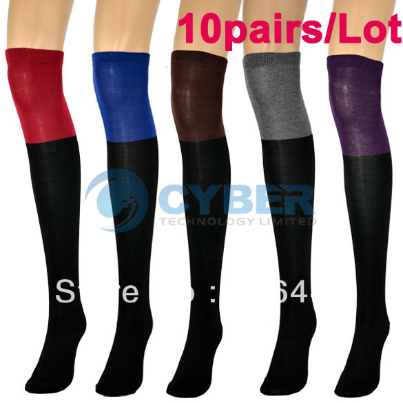 Free Shipping 10pairs/Lot Women Ladies Two Tone Thigh Knee High Socks Cotton High Leggings Stocking 8147