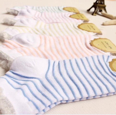 Free Shipping! 10pcs/lot A093 socks lace decoration ultra-thin stockings stripe female 100% cotton women's sock slippers