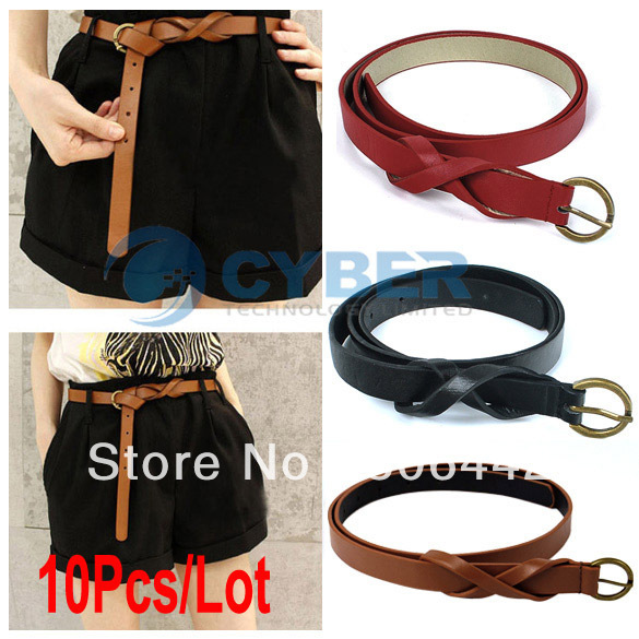 Free Shipping 10pcs/Lot Cross Waistband Fashion Stylish PU Leather Thin Belt 3 Color Buckle